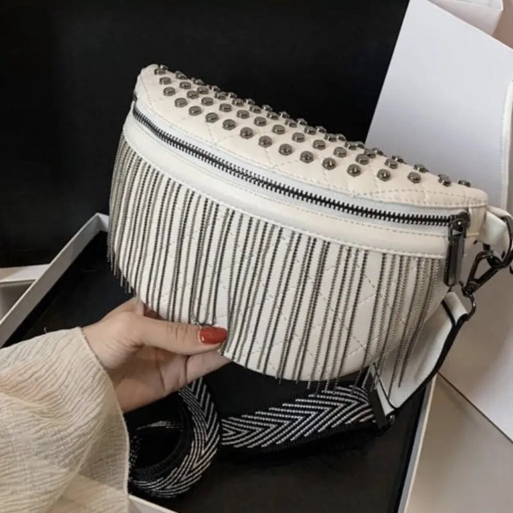 NWT SO CAL FRINGE CROSSBODY BAG, BONE COLOR WITH STUDS